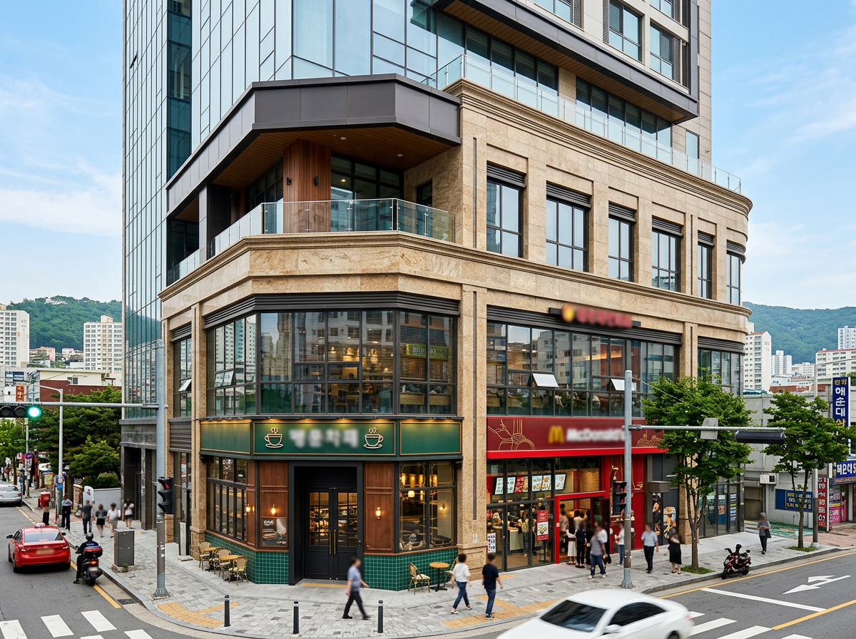 Mixed-use building with global franchise storefronts at street level
